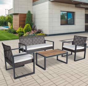 4-Piece Patio Furniture Set Outdoor Balcony Porch Garden Backyard Lawn Furniture Acacia Wood Table Top, Morden Brown and Beige Cushion